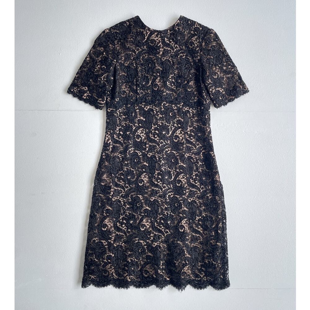 Vtg 60s Black Lace Overlay Silk Short Sleeve Mod Dress / Sz S / Goth Dark Retro